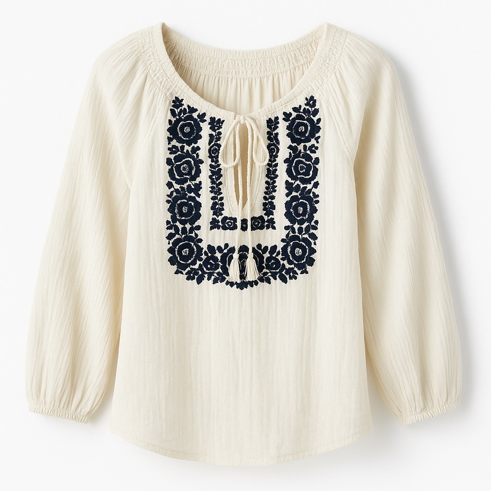 Joie White Navy Boho Top Embroidered Tassel Tie Gauzy Festival EUC XS #1453